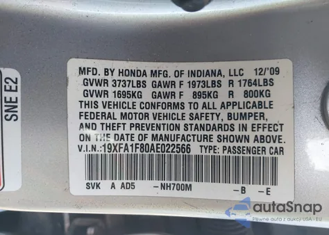 2010 Honda Civic Ex z USA, uszkodzony, nr VIN 19XFA1F80AE022566